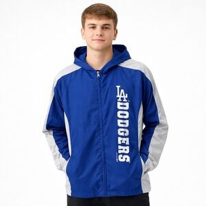 Los Angeles Dodgers Hooded Windbreaker Jacket Blue Grey Youth XXL 18